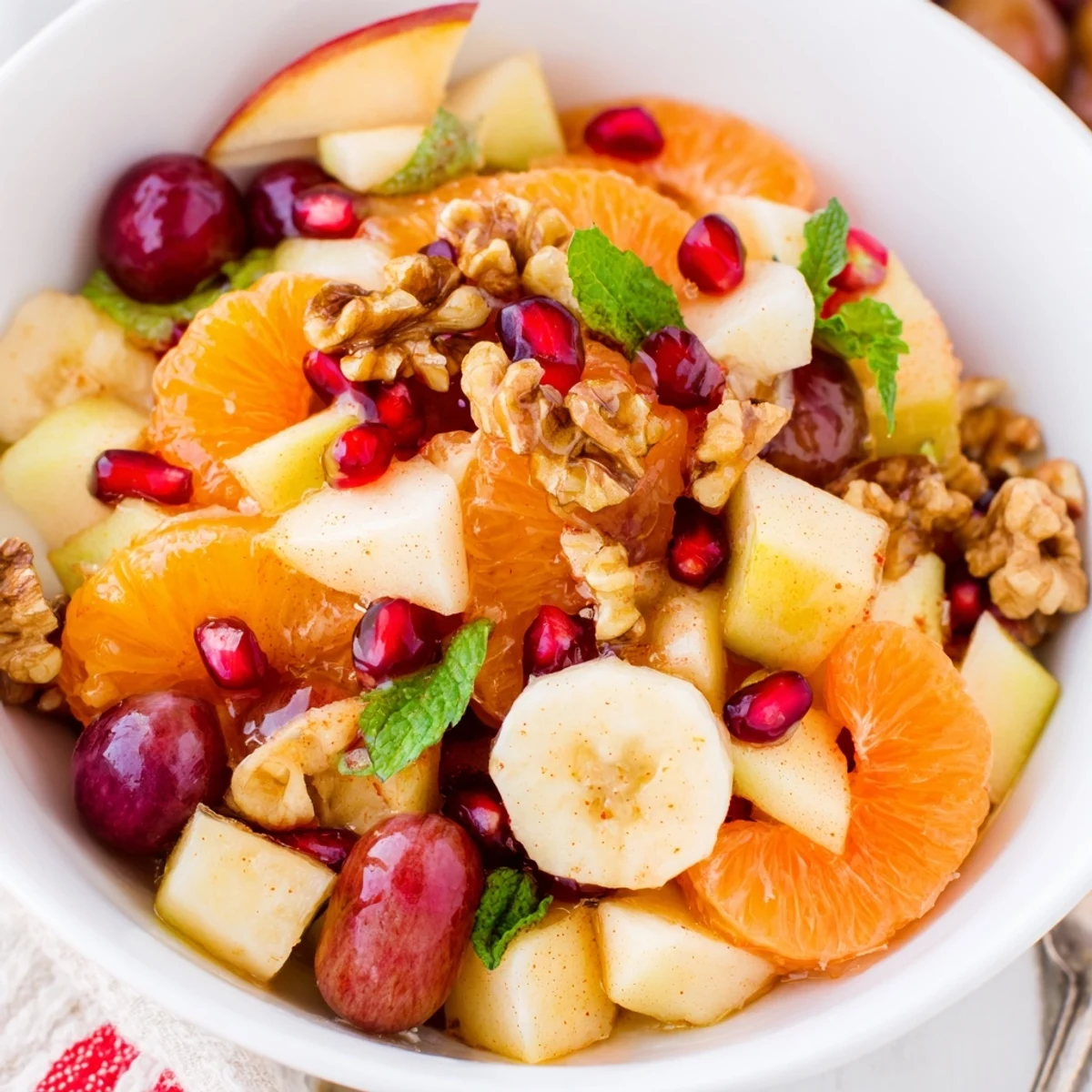 Freshly prepared Winter Fruit Salad with Citrus topped with chopped walnuts and mint, ready to be served chilled.