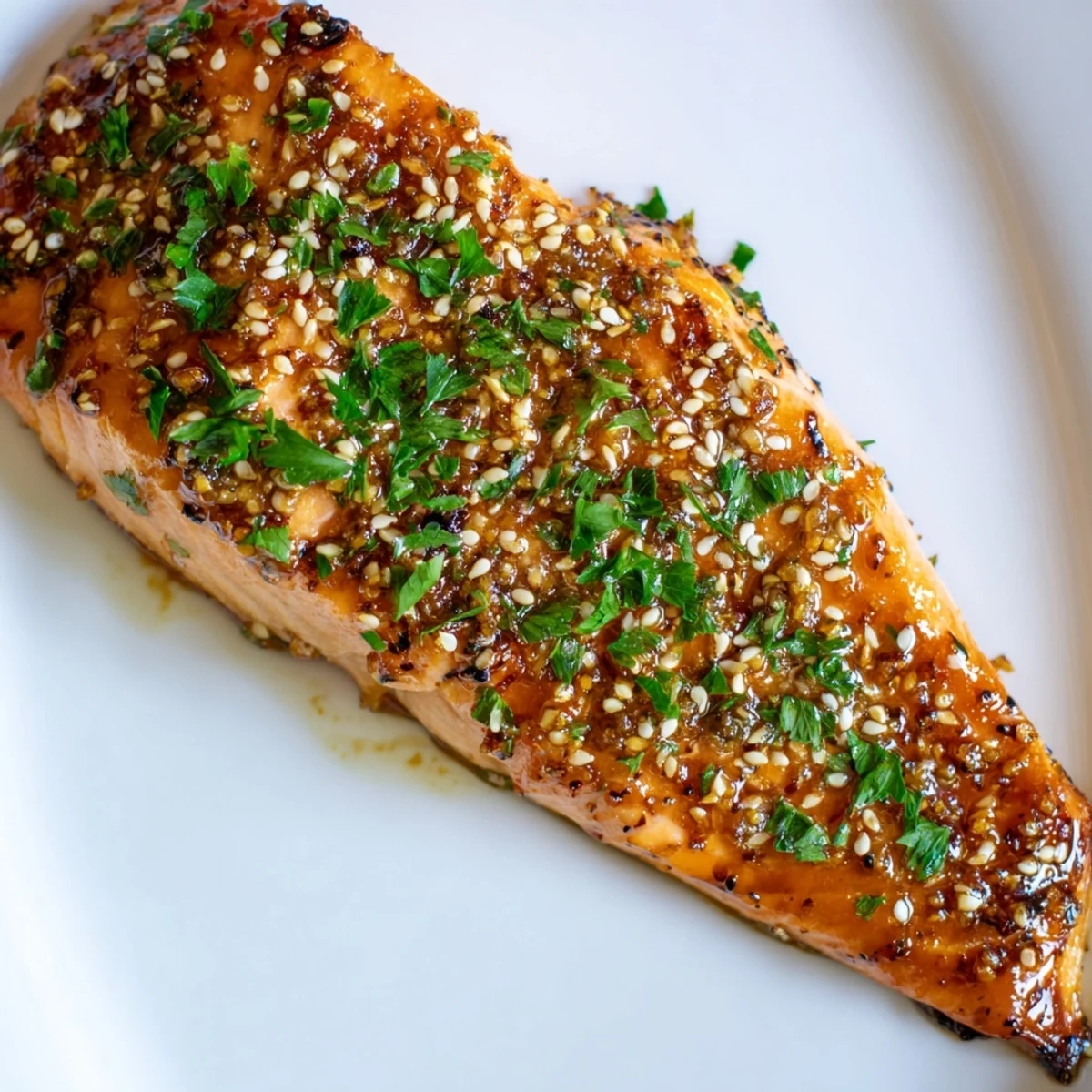 Golden-brown Baked Salmon with Honey Garlic Glaze fresh from the oven, brushed with a sticky, aromatic sauce.