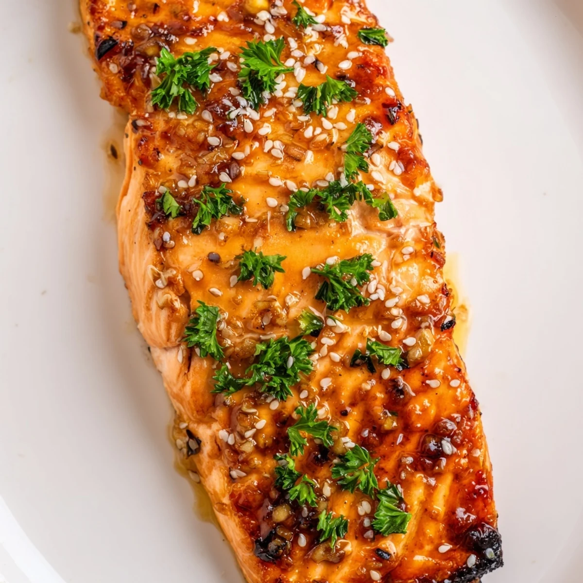 Moist fillets of Baked Salmon with Honey Garlic Glaze on a plate, garnished with fresh parsley and lemon wedges.
