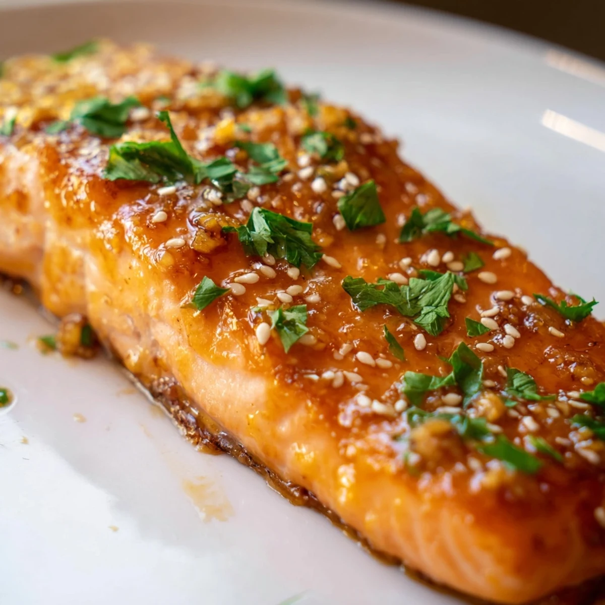 Glossy Baked Salmon with Honey Garlic Glaze resting on parchment, ready to serve with steamed rice and veggies.