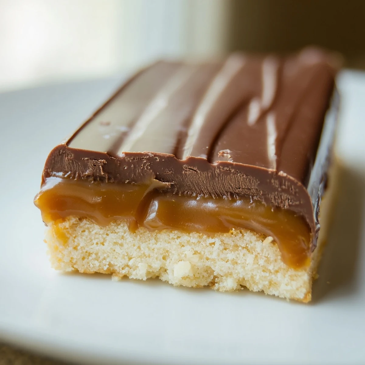 Homemade chocolate bars with caramel layered over a golden shortbread base, ready to slice and serve.