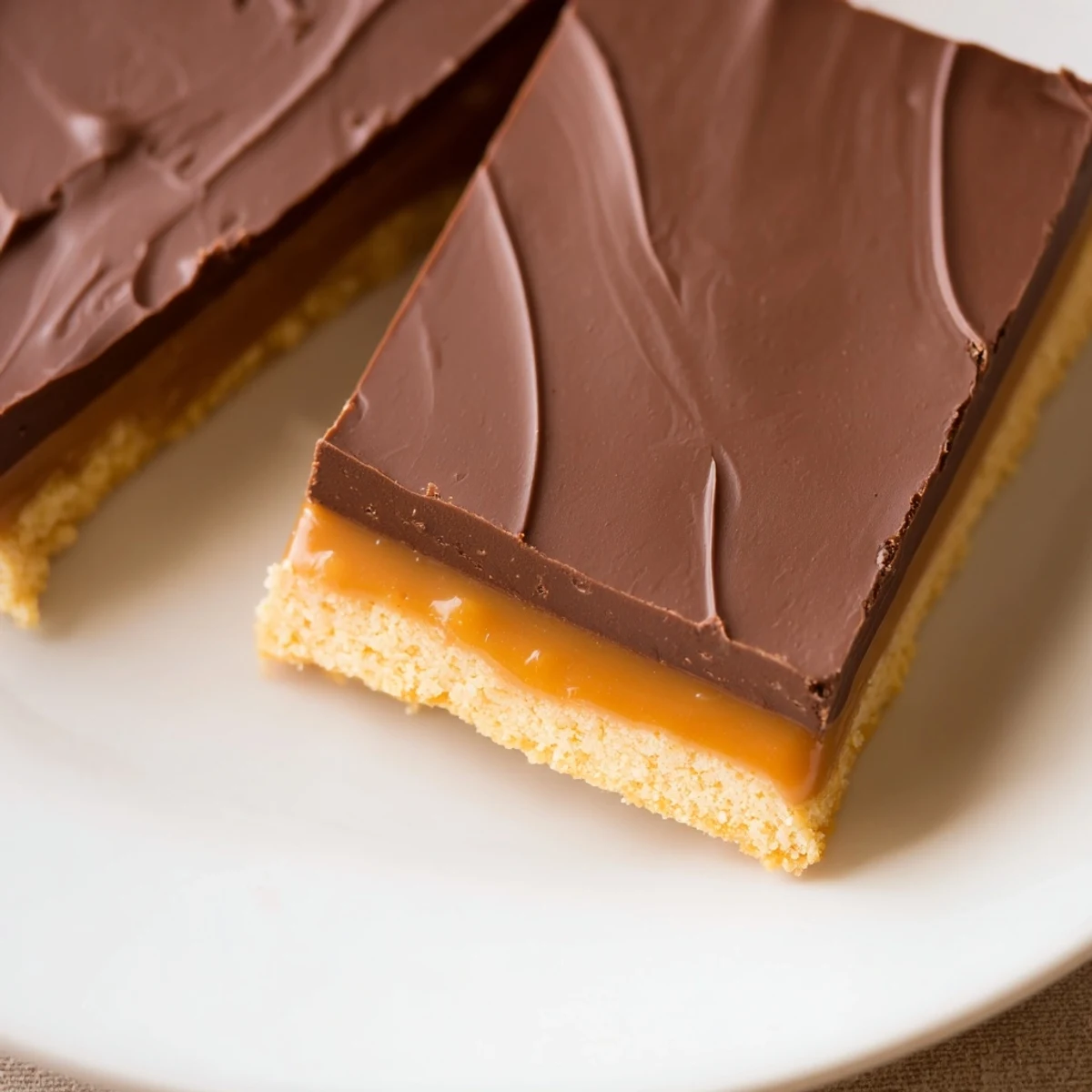 Sliced chocolate bars with caramel on a white plate, showcasing clean layers and a glossy finish.