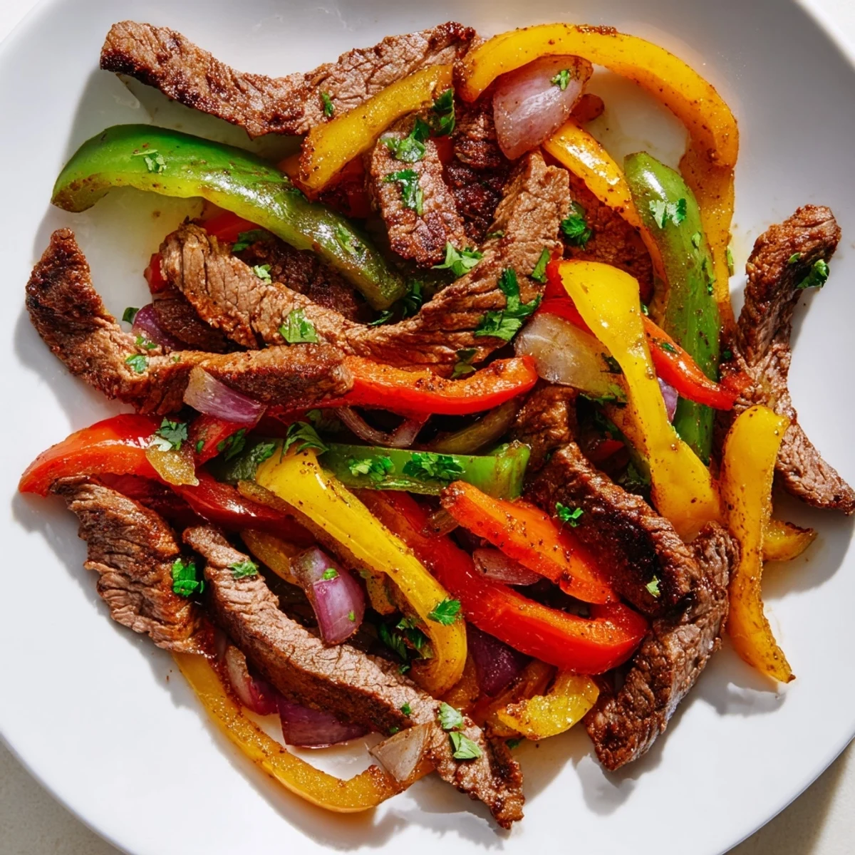 Sizzling beef fajita skillet with charred peppers and onions, served warm with tortillas and lime wedges.