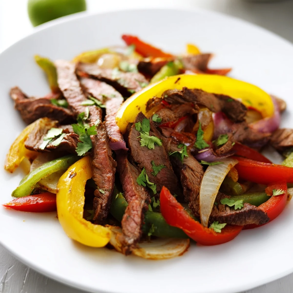 A close-up of a seasoned beef fajita skillet with colorful bell peppers and fresh cilantro garnish.