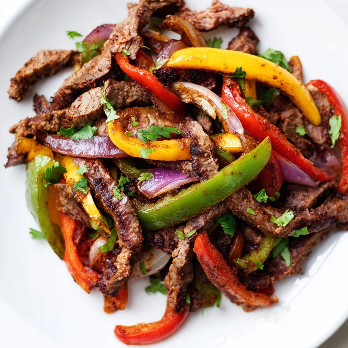A steaming beef fajita skillet in a cast-iron pan, paired with avocado slices and sour cream.