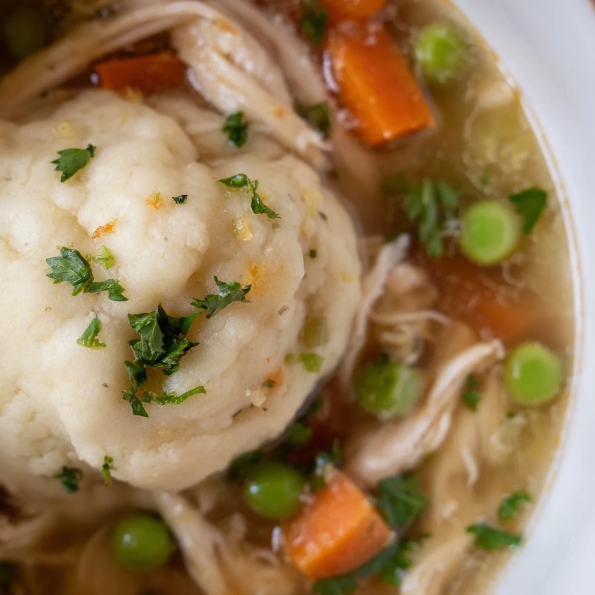 Steam rises from a bowl of hearty Chicken Soup with Dumplings, showcasing tender chicken and green peas.