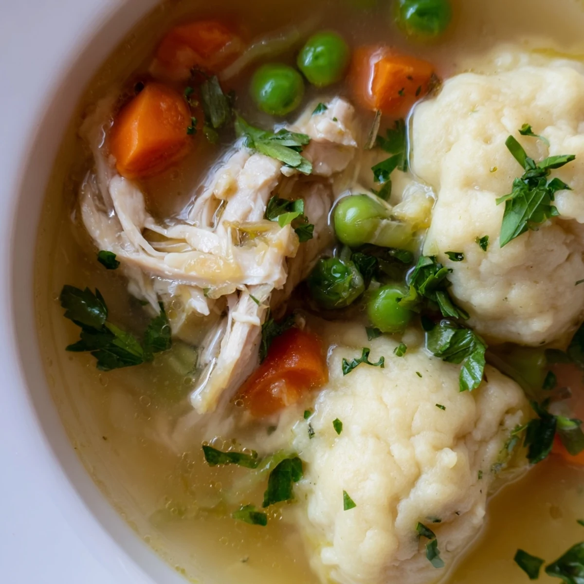 Steaming pot of Chicken Soup with Dumplings reveals fluffy dumplings, carrots, and fresh parsley garnish.