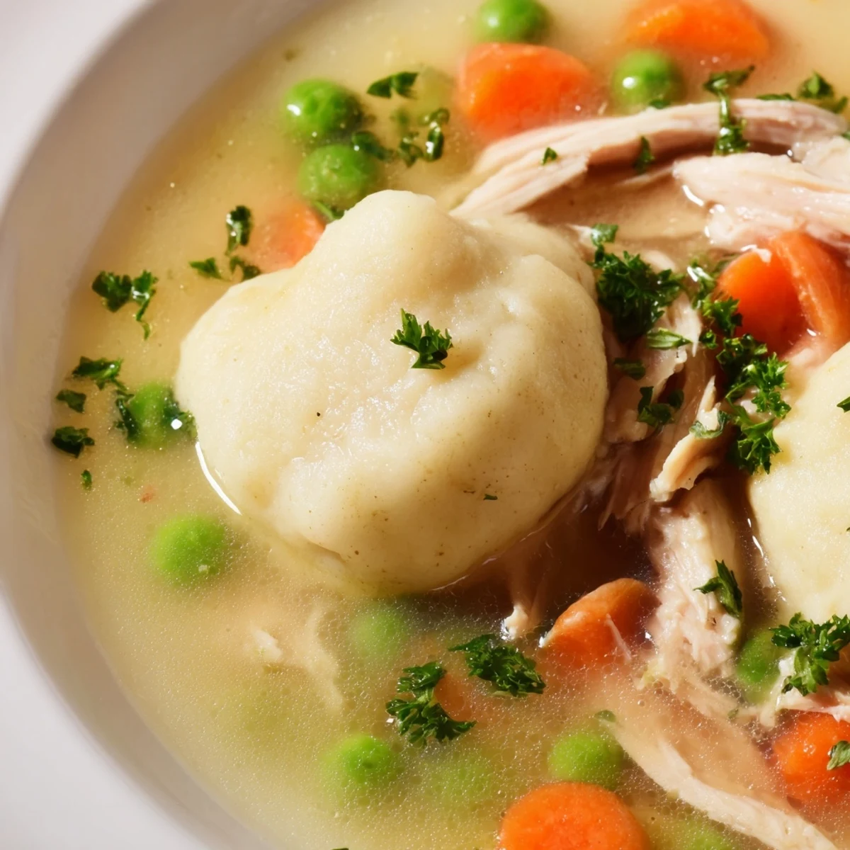 A spoon lifts a savory spoonful of Chicken Soup with Dumplings with shredded chicken and broth.