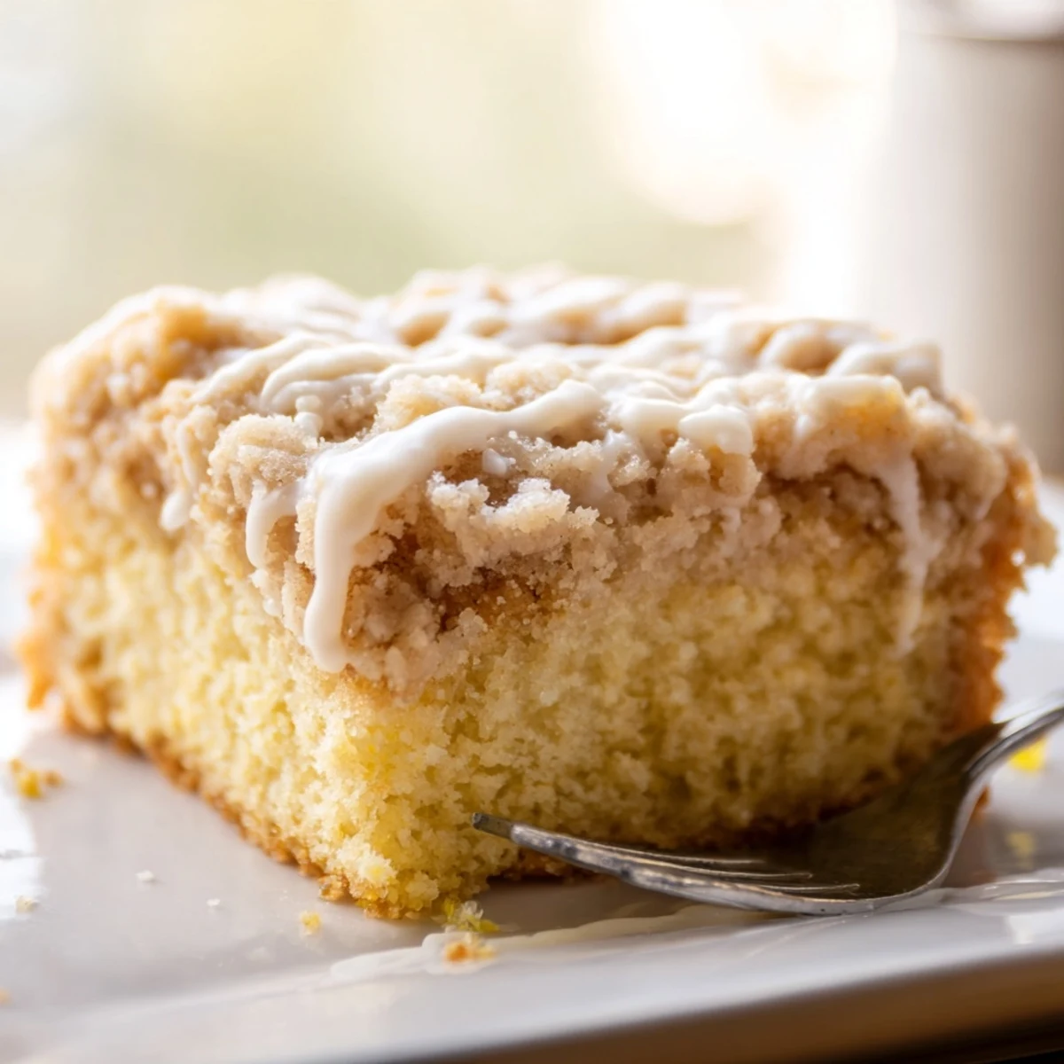 A close-up of warm Lemon Coffee Cake with Crumble, showcasing a golden, crunchy topping over a moist, zesty crumb.