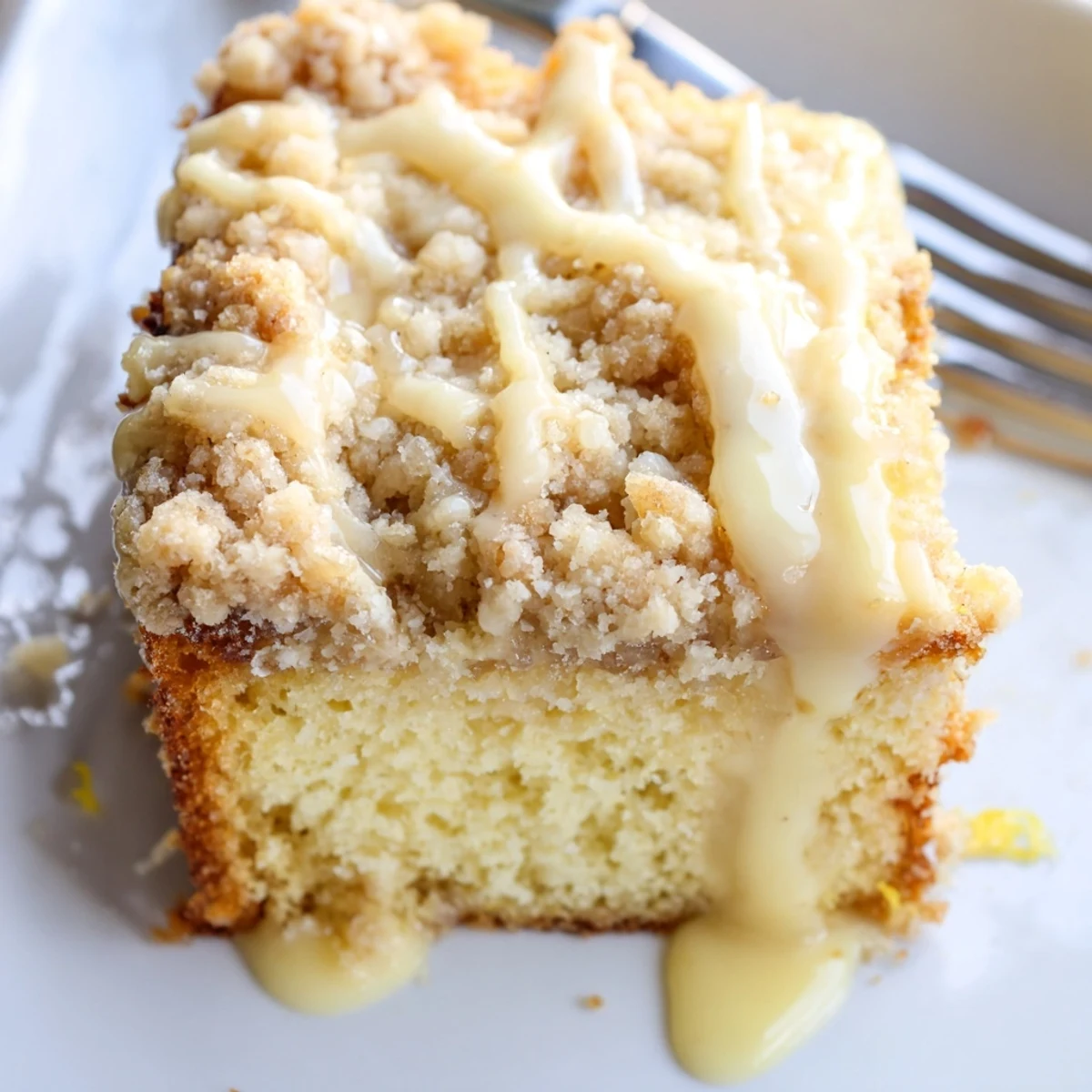 A slice of Lemon Coffee Cake with Crumble on a plate, drizzled with glossy lemon glaze, ready for a cozy brunch.