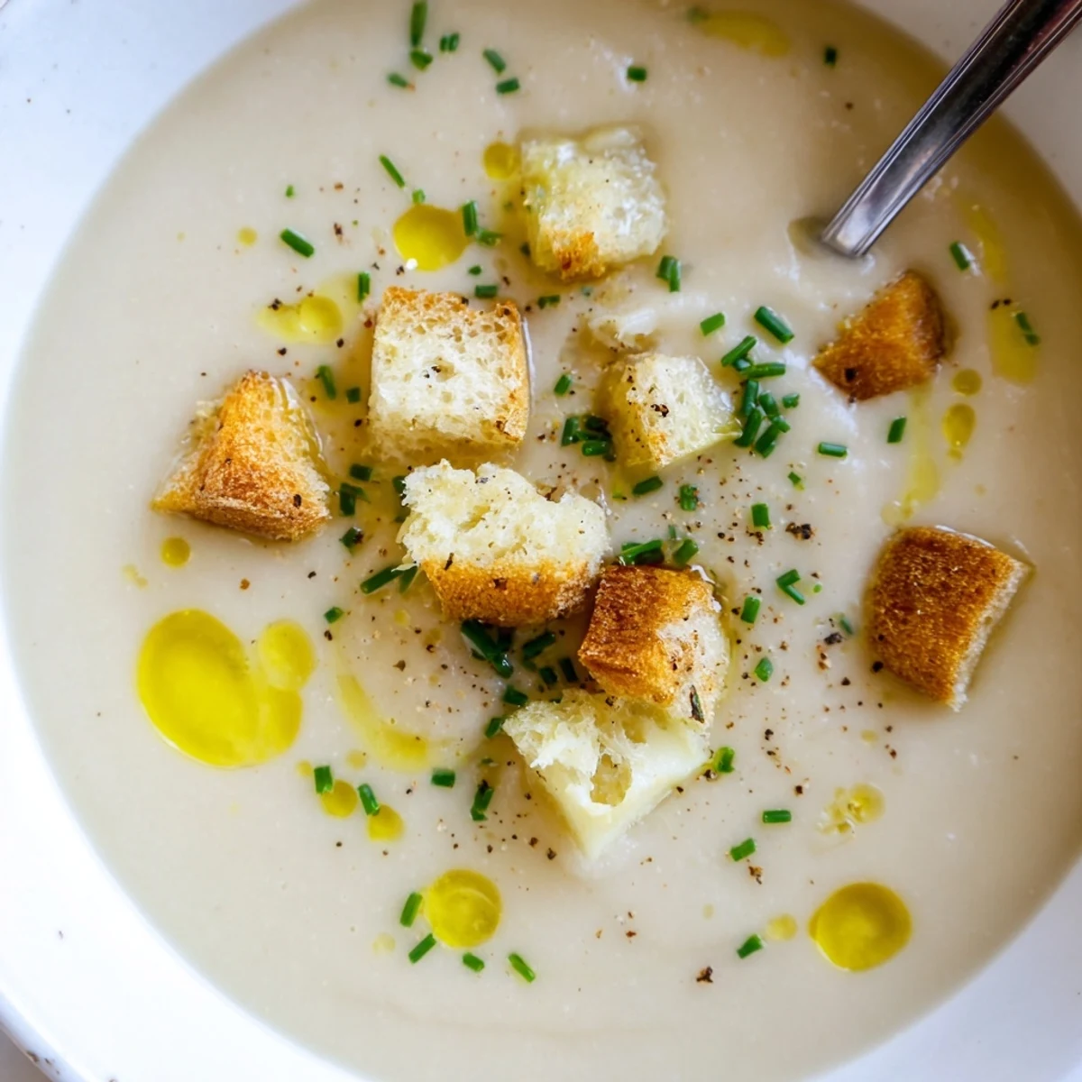 Creamy Roasted Jerusalem Artichoke Soup served warm in a rustic white bowl, topped with fresh chives and a drizzle of olive oil.