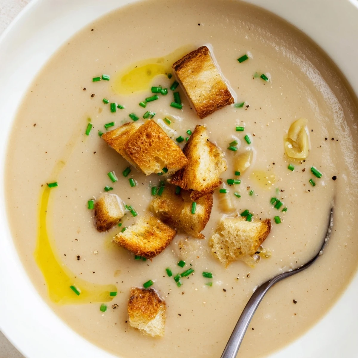 A bowl of Creamy Roasted Jerusalem Artichoke Soup garnished with croutons and parsley, perfect for a cozy vegetarian lunch.
