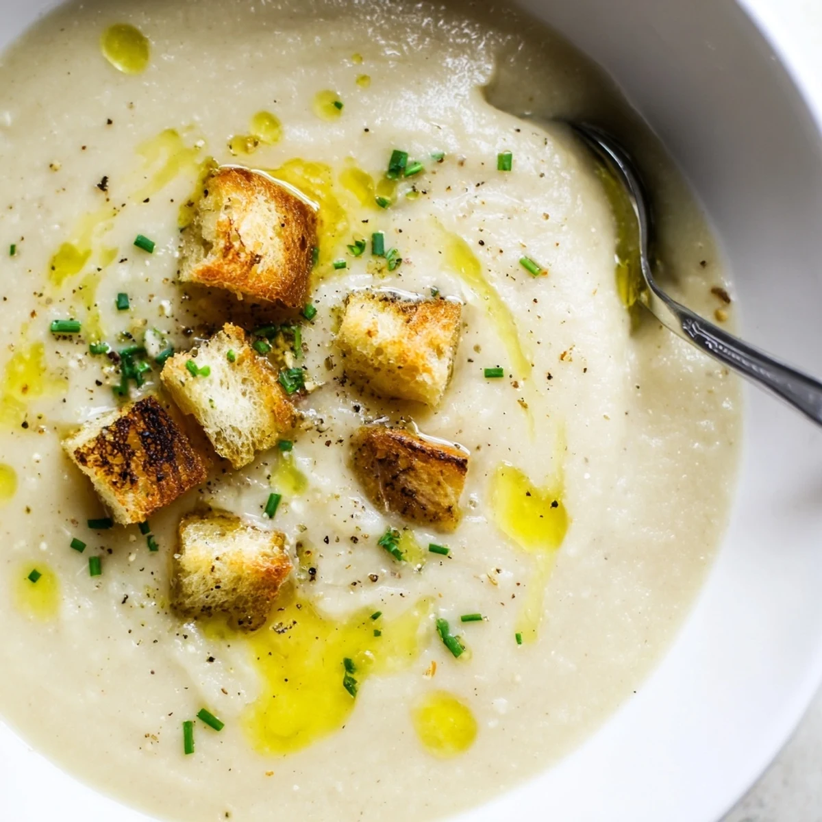 Creamy Roasted Jerusalem Artichoke Soup in a dark ceramic bowl with steam rising, paired with crusty bread on the side.