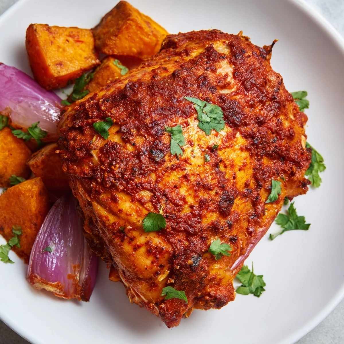 A close-up of crispy-skinned Sheet Pan Harissa Chicken with Sweet Potatoes, garnished with cilantro and fresh lemon wedges.