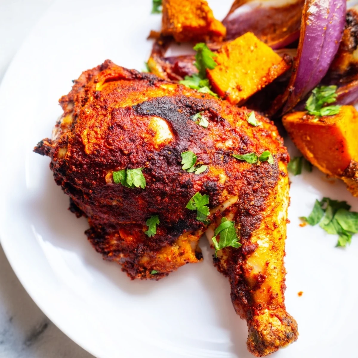 Spicy harissa-marinated chicken thighs paired with roasted sweet potato chunks and red onions on a sheet pan.