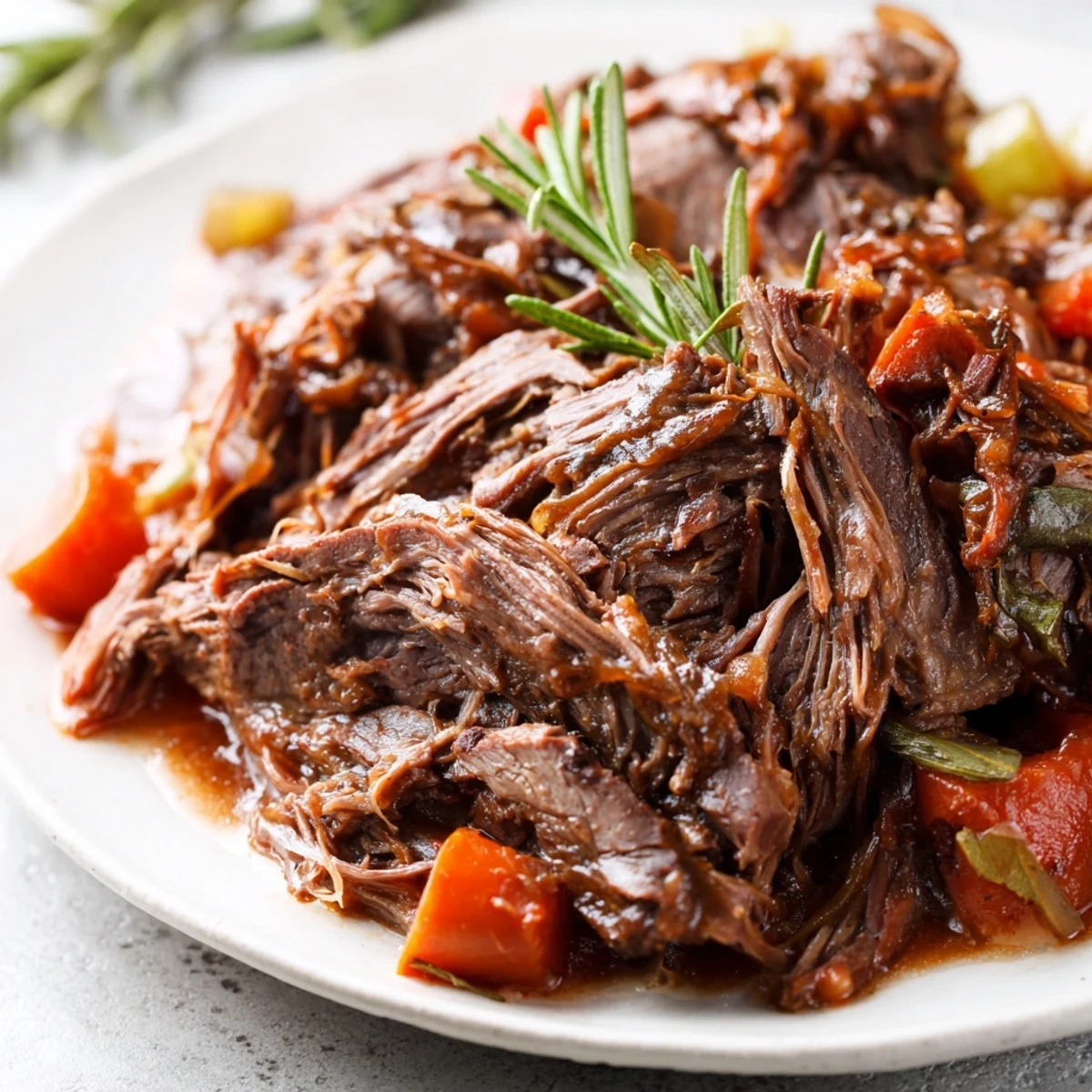 Slow Cooked Beef Shank with Rosemary and Thyme plated with carrots, onions, and fresh herbs.