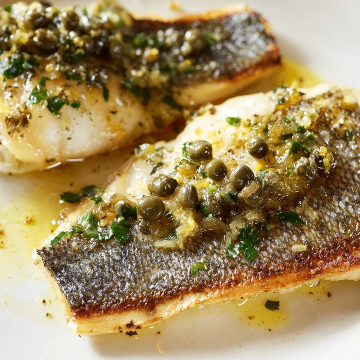 Pan Seared Sea Bass with Lemon Caper Sauce is plated with roasted potatoes and fresh parsley.