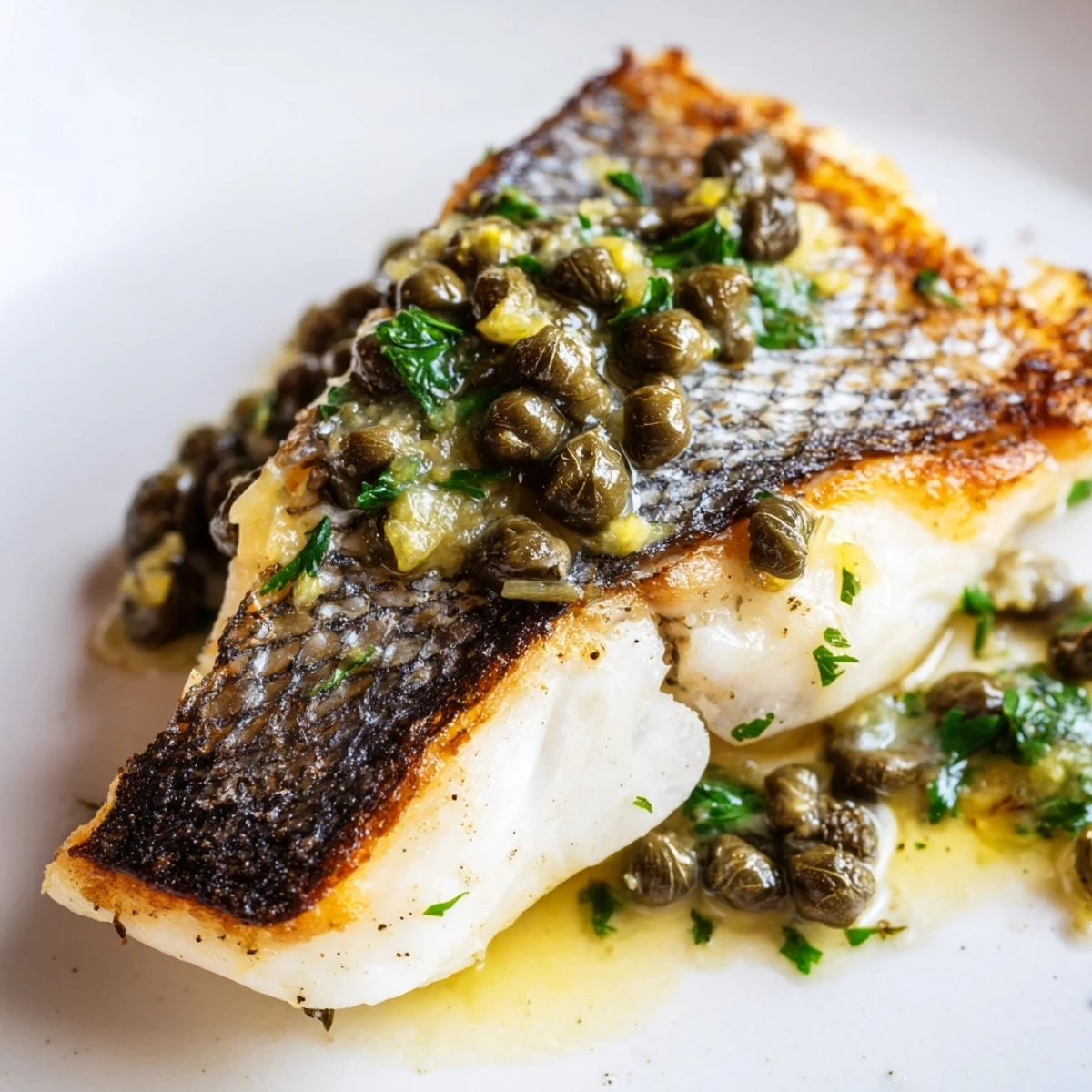 Serving Pan Seared Sea Bass with Lemon Caper Sauce over sautéed spinach for a Mediterranean dinner.