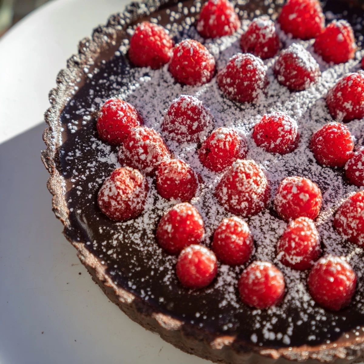 Decadent Dark Chocolate Tart with Raspberries slices on a white plate, showcasing a velvety filling and fresh berry garnish.