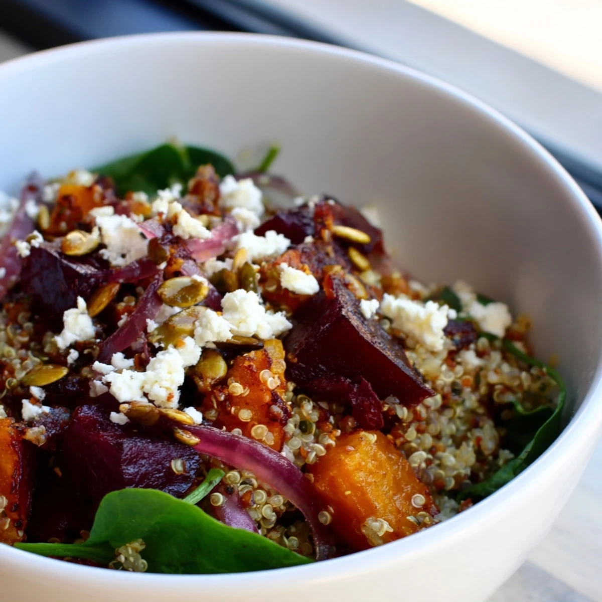 Warm Spiced Quinoa Salad with Roasted Beets is plated with crumbled feta, pumpkin seeds, and fresh parsley on a rustic wooden table.