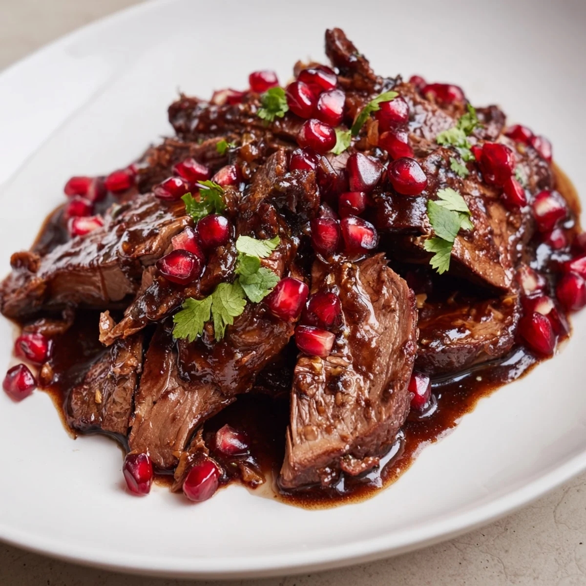 Fork-tender Braised Lamb Shoulder with Pomegranate Molasses served over fluffy couscous, garnished with fresh cilantro and jewel-like pomegranate seeds.