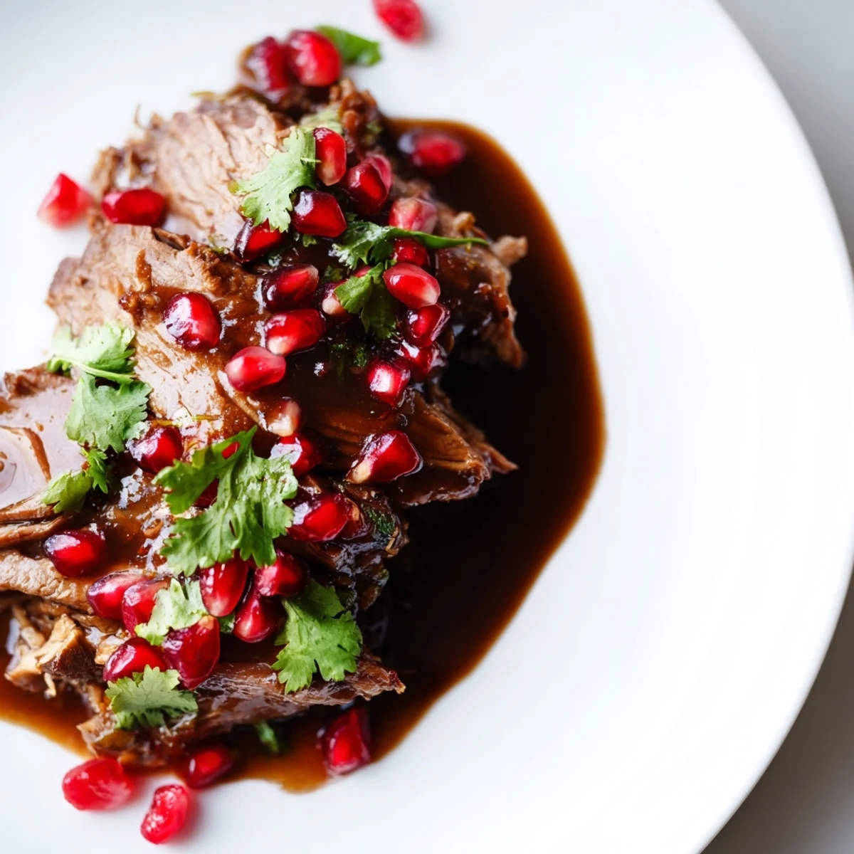 Platter of shredded Braised Lamb Shoulder with Pomegranate Molasses, garnished with fresh parsley and bright pomegranate seeds, ready to be enjoyed.