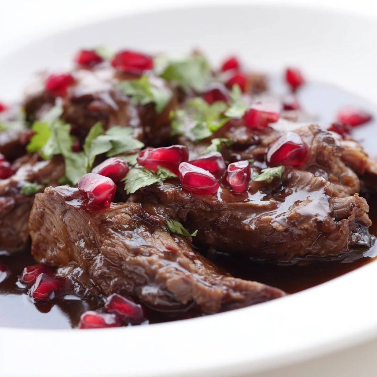 Slow-cooked Braised Lamb Shoulder with Pomegranate Molasses in a deep Dutch oven, surrounded by tender carrots and onions in a rich sauce.