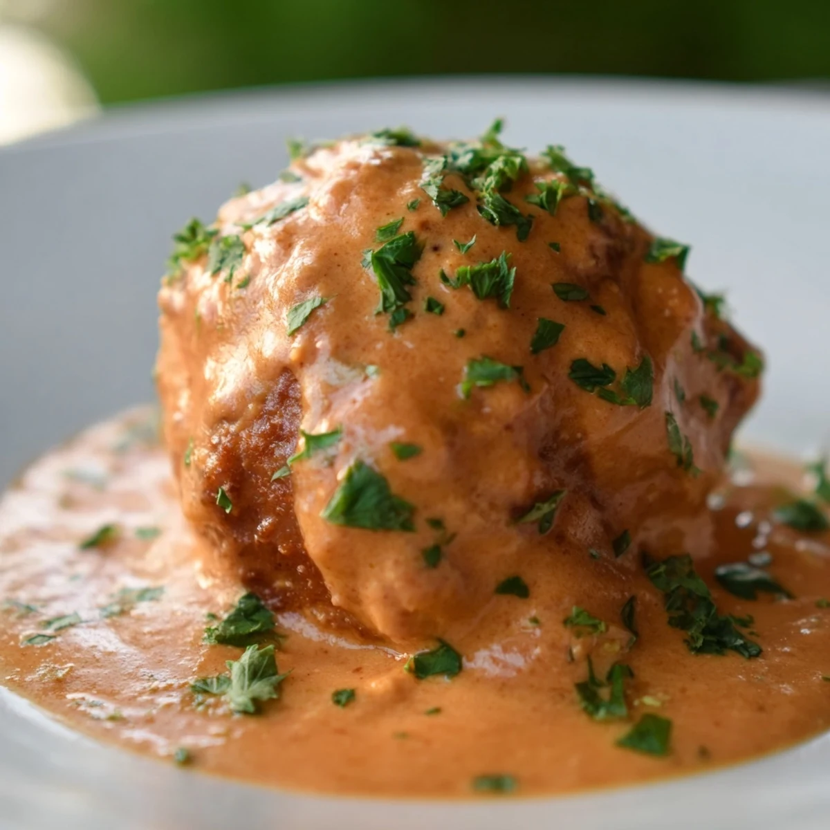 Golden-brown turkey meatballs resting in a creamy roasted red pepper sauce, served over pasta with fresh basil.