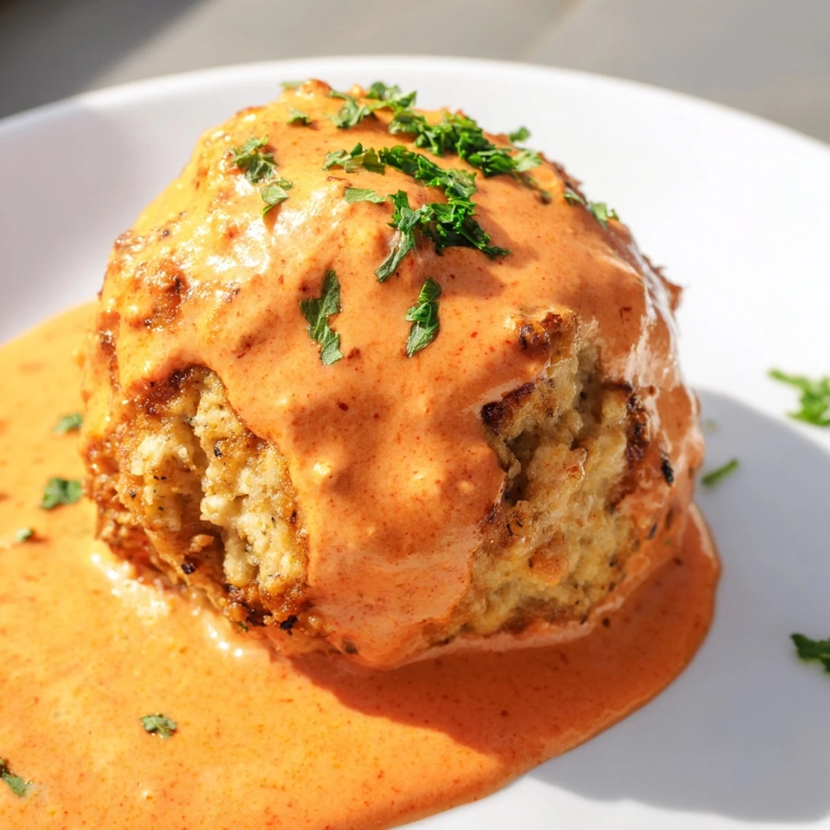 Tender turkey meatballs simmering in a creamy roasted red pepper sauce, paired with crusty bread for dipping.