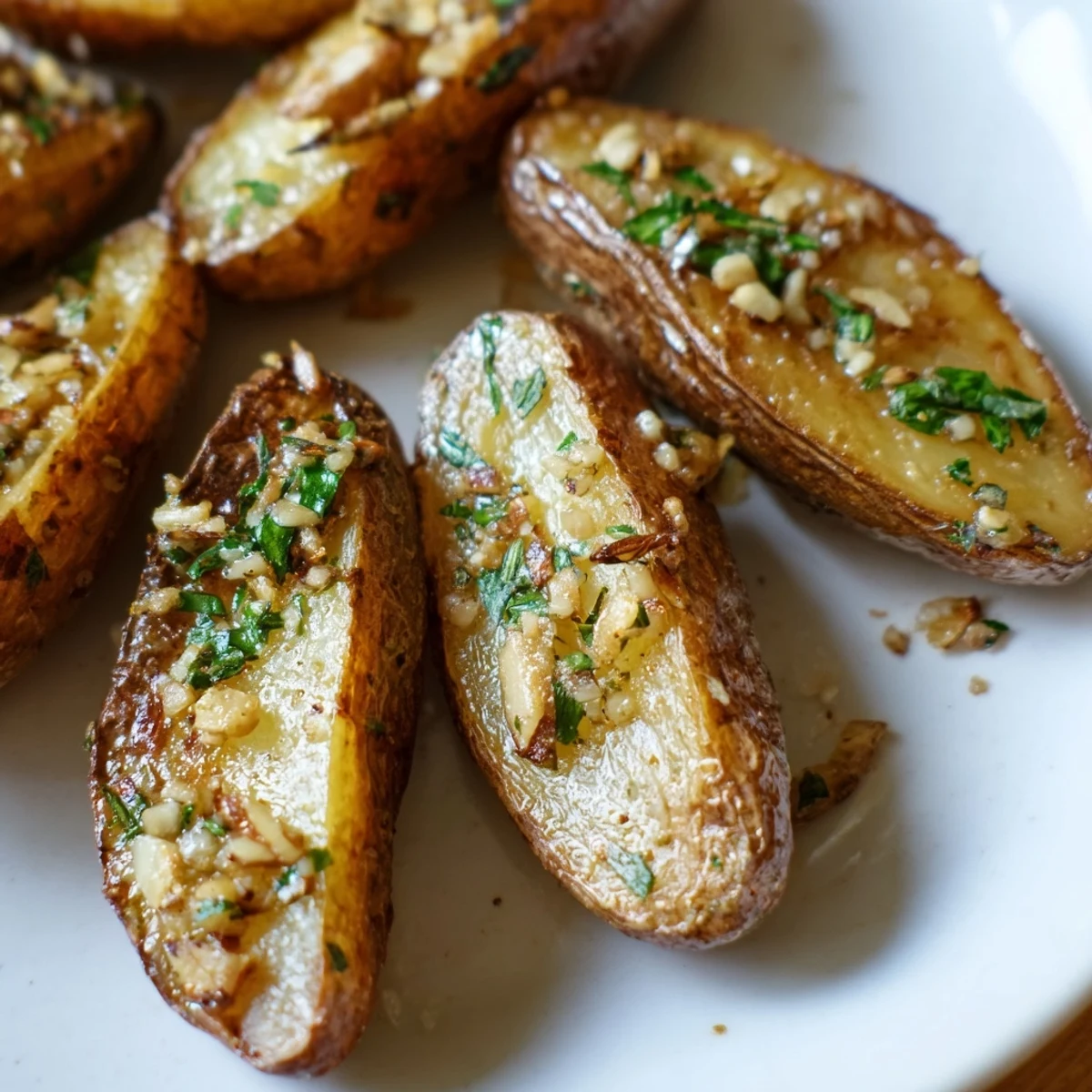 Golden brown Garlic Herb Roasted Fingerling Potatoes garnished with fresh parsley on a baking sheet.