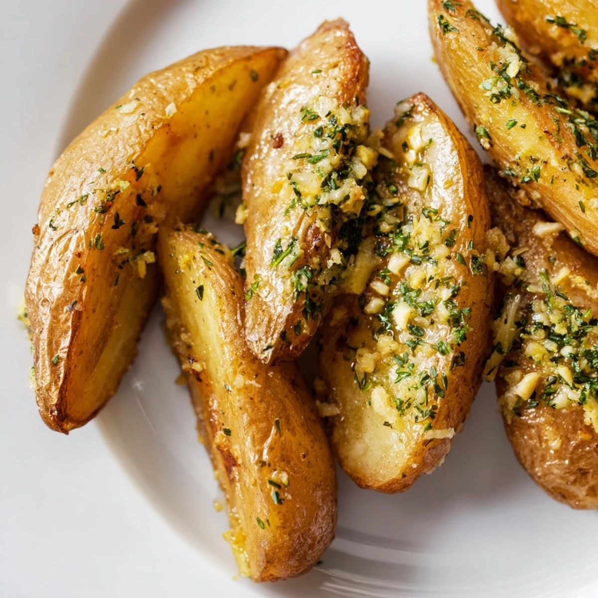 Fresh thyme and garlic enhance these oven roasted fingerling potatoes for an easy vegetarian dinner.
