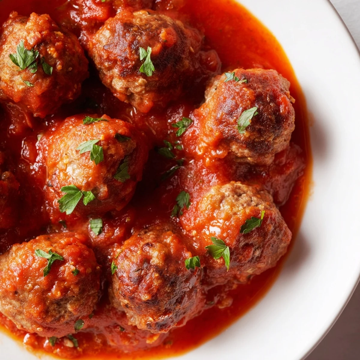 Close-up of savory turkey meatballs coated in a chunky homemade marinara sauce, garnished with fresh parsley.