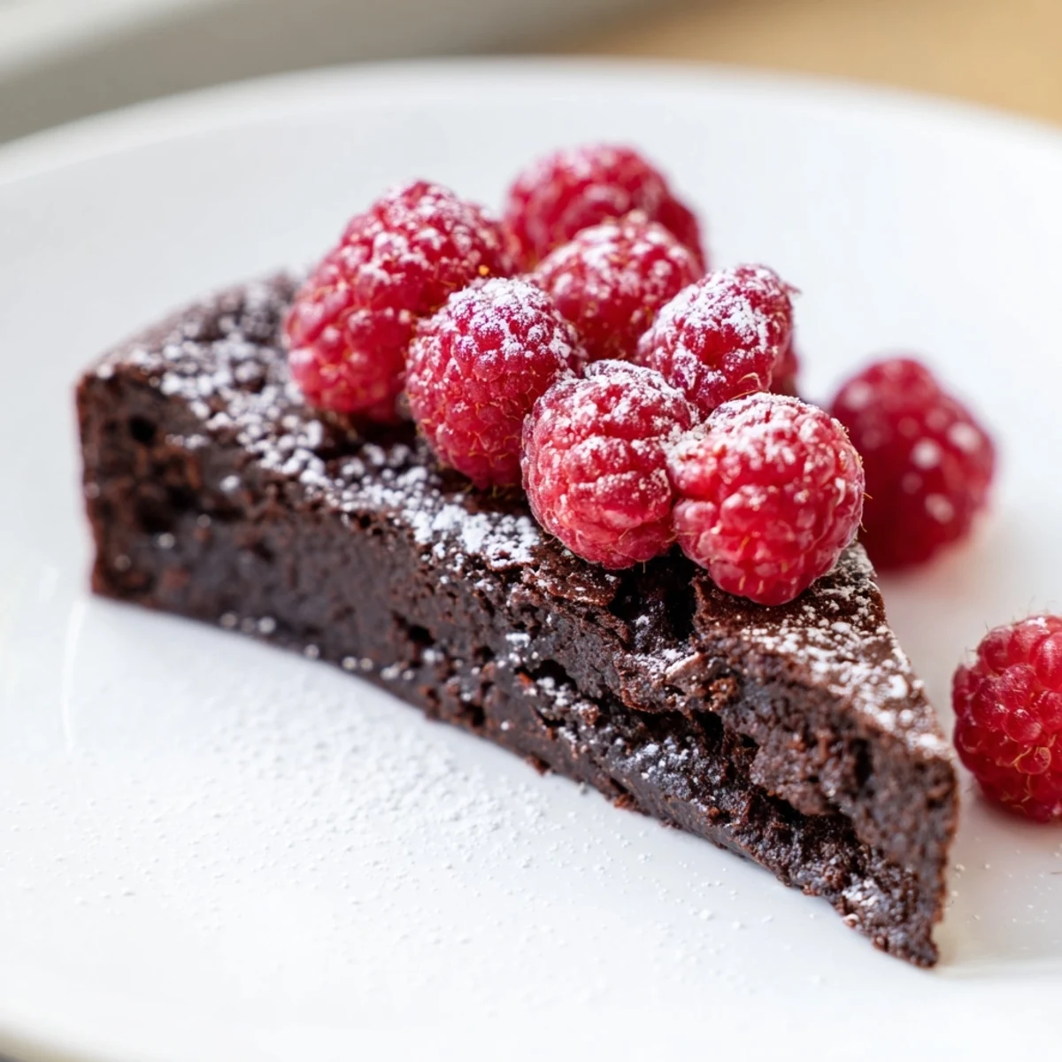 Decadent Flourless Chocolate Cake with Fresh Raspberries on a white plate, ready to slice.