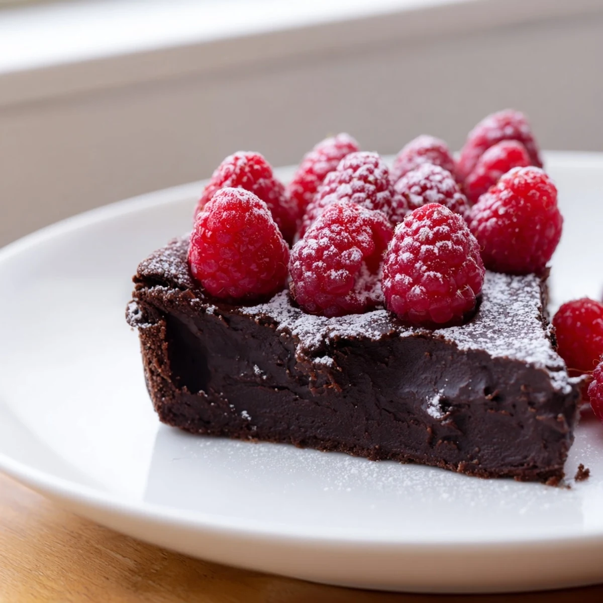A rich slice of Decadent Flourless Chocolate Cake with Fresh Raspberries topped with powdered sugar.