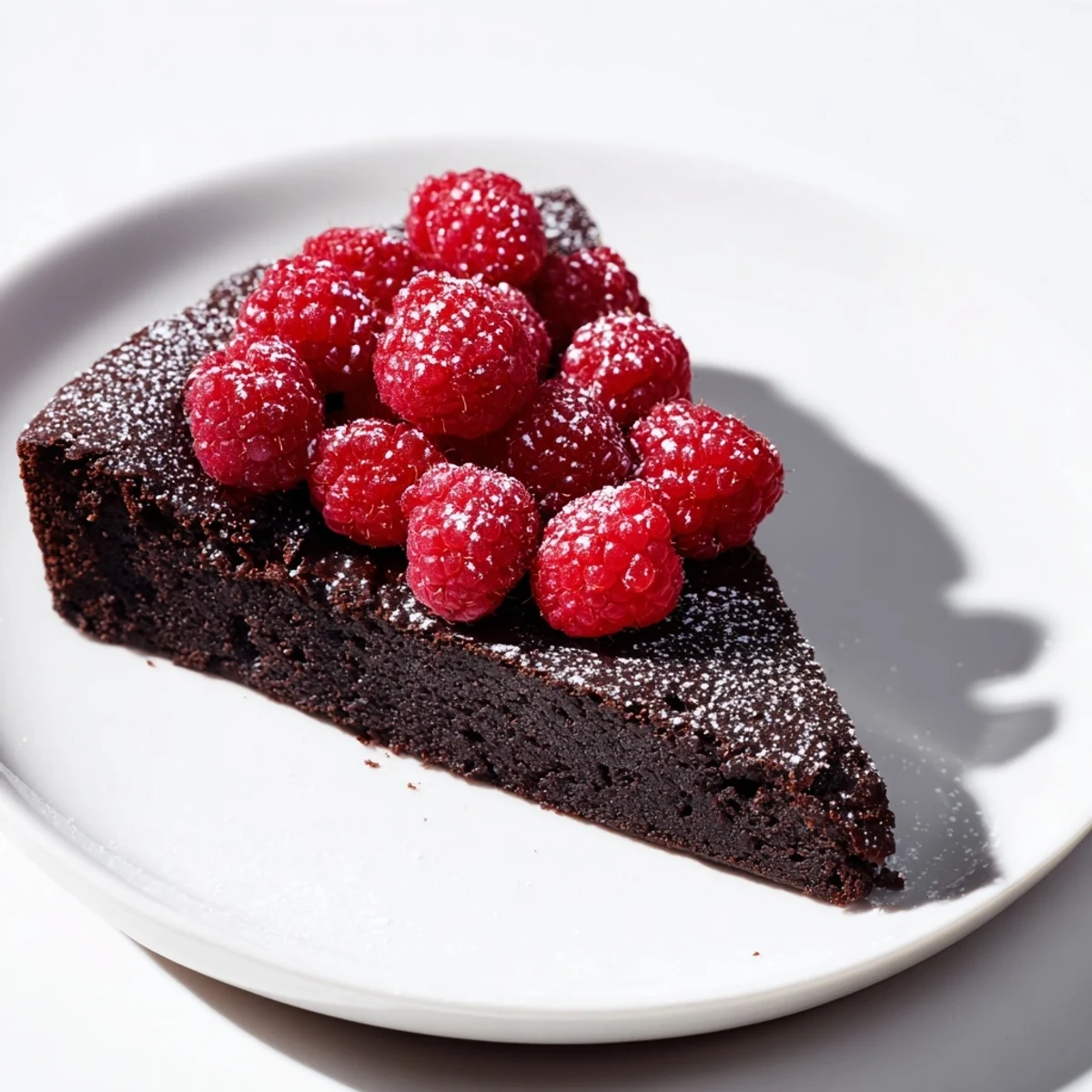Melted chocolate and fresh raspberries for a Decadent Flourless Chocolate Cake with Fresh Raspberries.