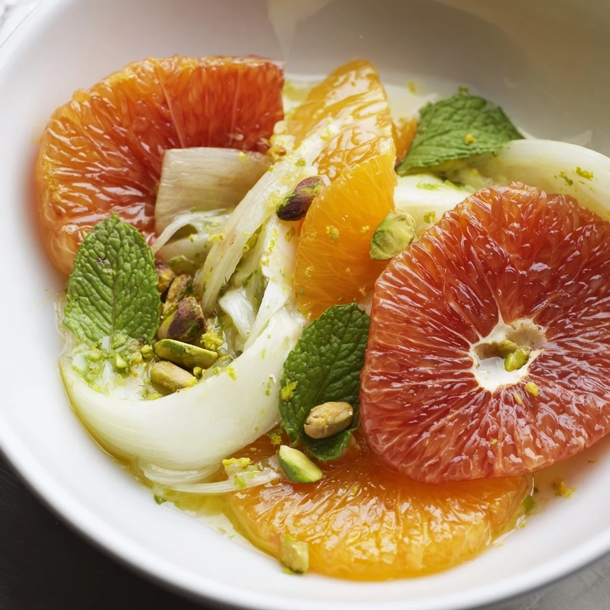 Winter Citrus Salad with Avocado, Fennel, and Mint arranged on a platter with bright orange slices and creamy avocado.