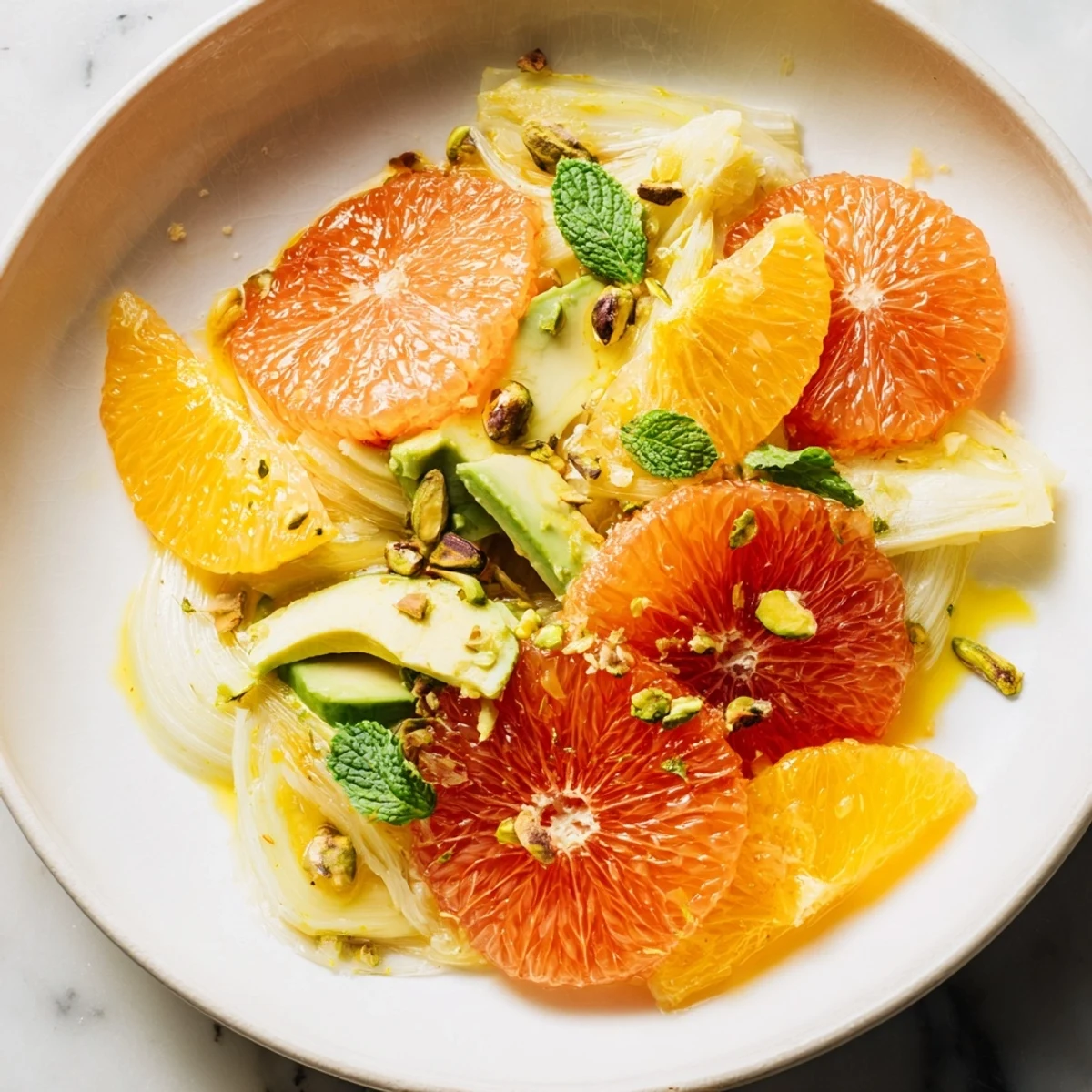A close-up of Winter Citrus Salad with Avocado, Fennel, and Mint showing juicy citrus segments and crisp fennel.