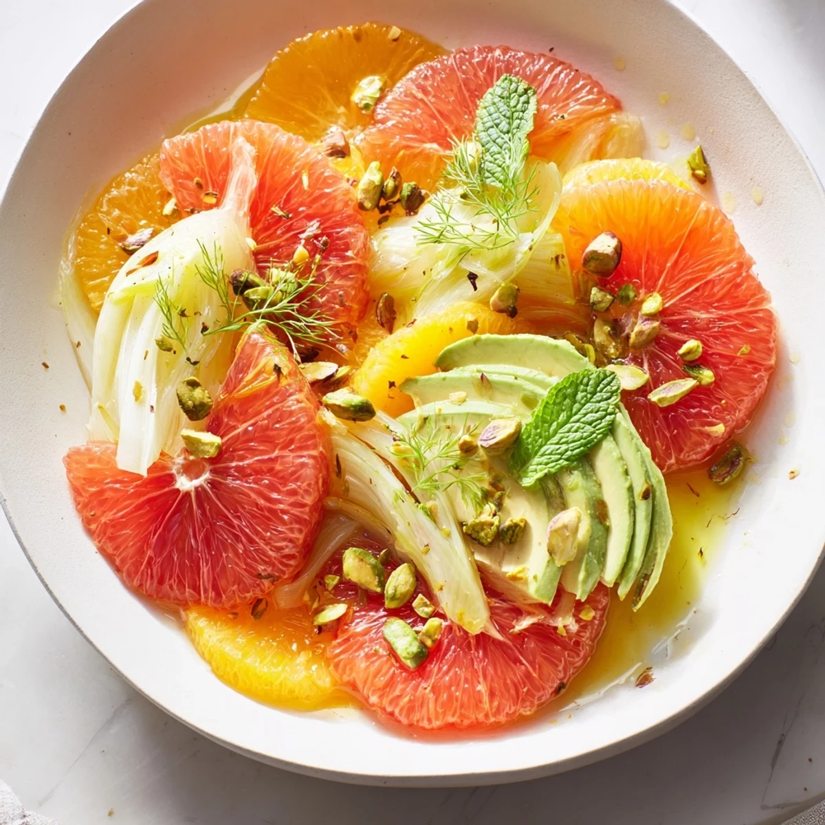 Freshly tossed Winter Citrus Salad with Avocado, Fennel, and Mint topped with mint leaves and pistachios.