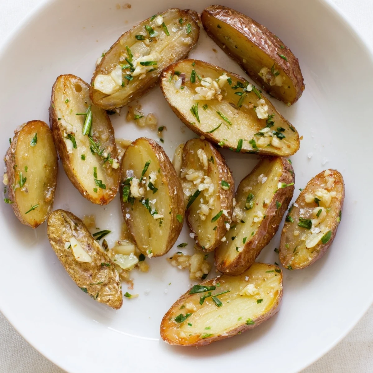 Golden brown Garlic Herb Roasted Fingerling Potatoes with Rosemary fresh from the oven, glistening with olive oil and herbs.