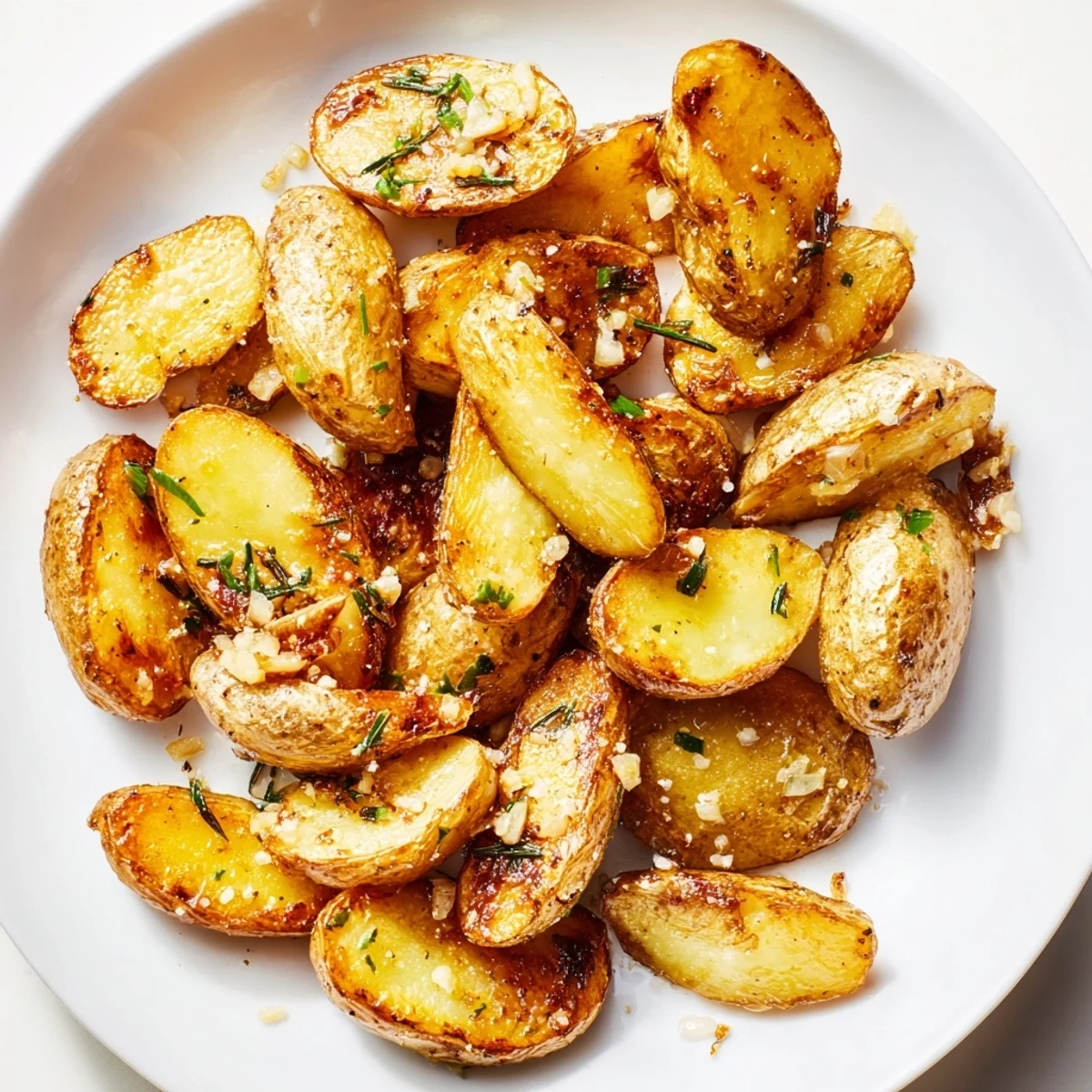 Crisp Garlic Herb Roasted Fingerling Potatoes with Rosemary topped with flaky salt, served as an elegant side dish.