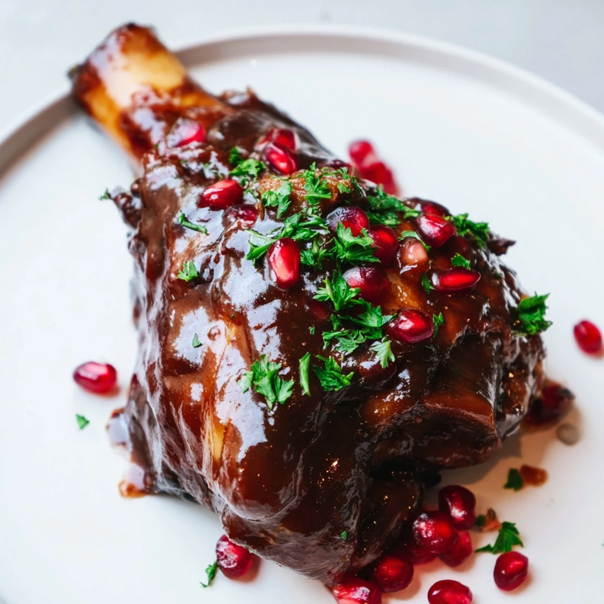 Four slow-braised lamb shanks glazed in deep pomegranate molasses, served on mashed potatoes.