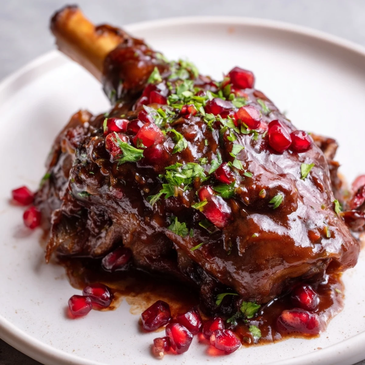 Fall-off-the-bone lamb shanks glistening with tangy pomegranate glaze and fresh parsley garnish.