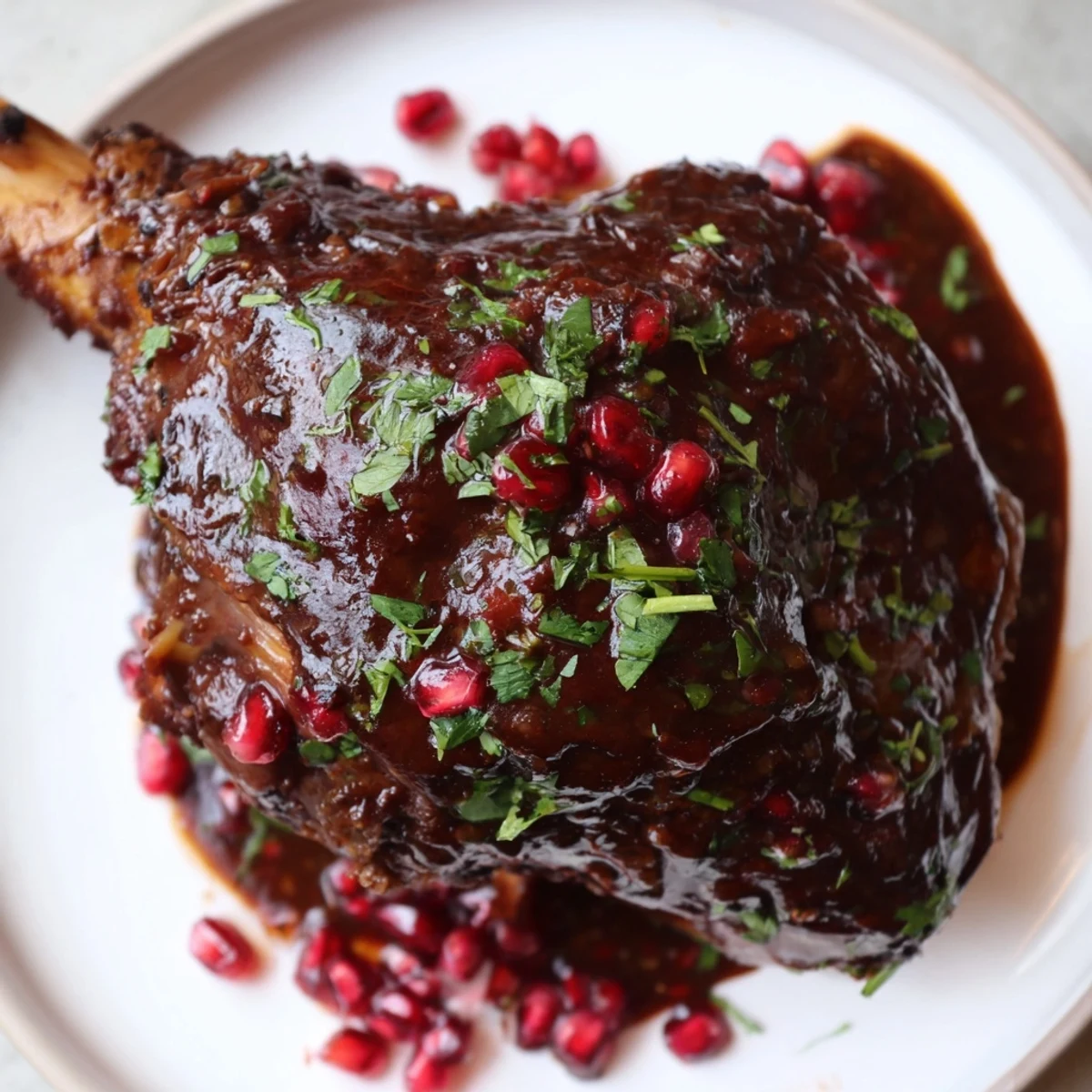 Glossy Braised Lamb Shanks with Pomegranate Molasses Glaze plated with pilaf, parsley, and seeds.