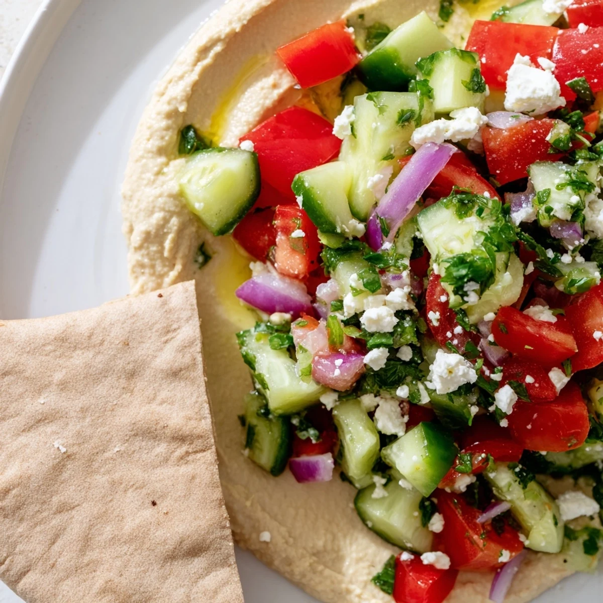 Freshly diced cucumbers, tomatoes, and red onions tossed in a Mediterranean Salad with Hummus and Pita Bread, garnished with parsley.