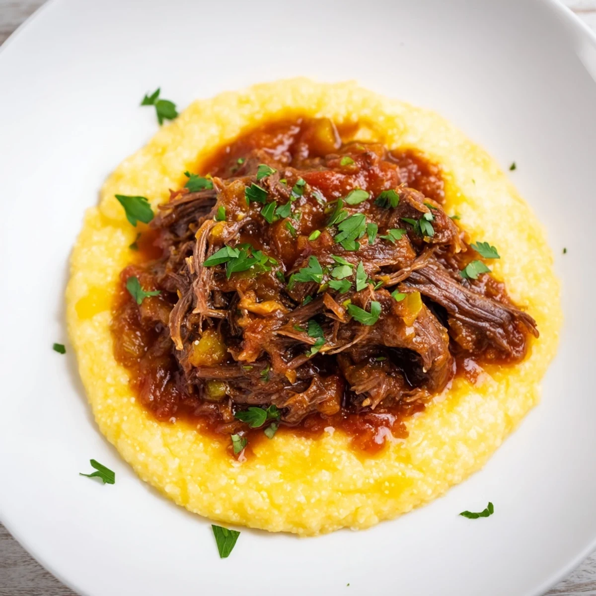 A hearty bowl of Slow Cooker Beef Ragu with Creamy Polenta, garnished with fresh herbs and a glass of red wine for an elegant dinner.