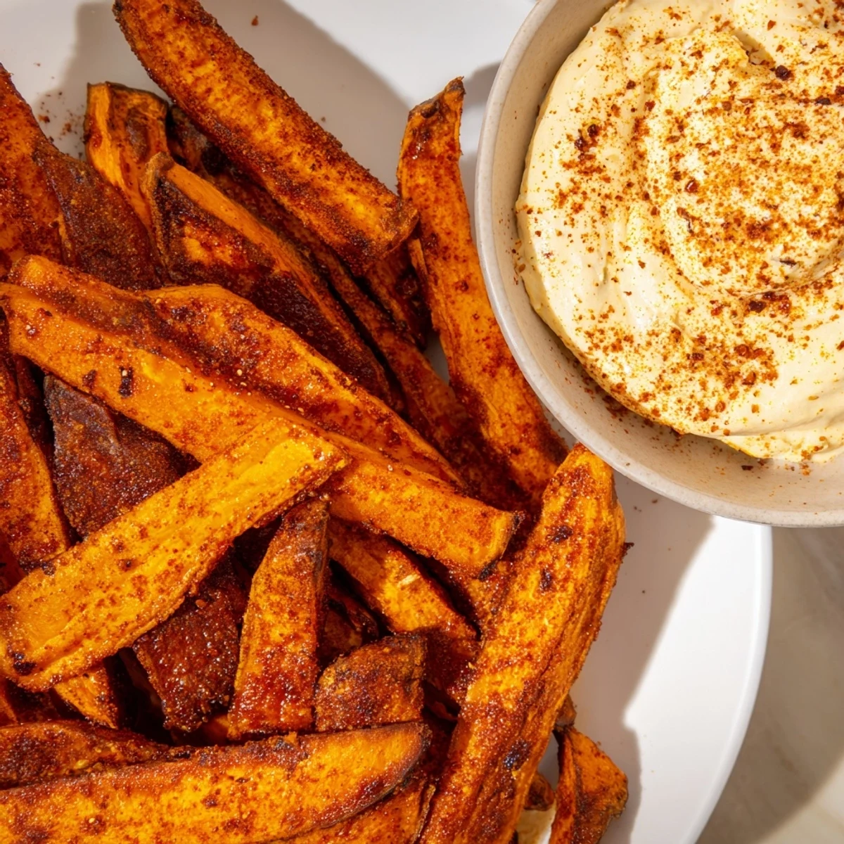 Golden, crispy Roasted Sweet Potato Fries with Chipotle Mayo on a rustic plate.