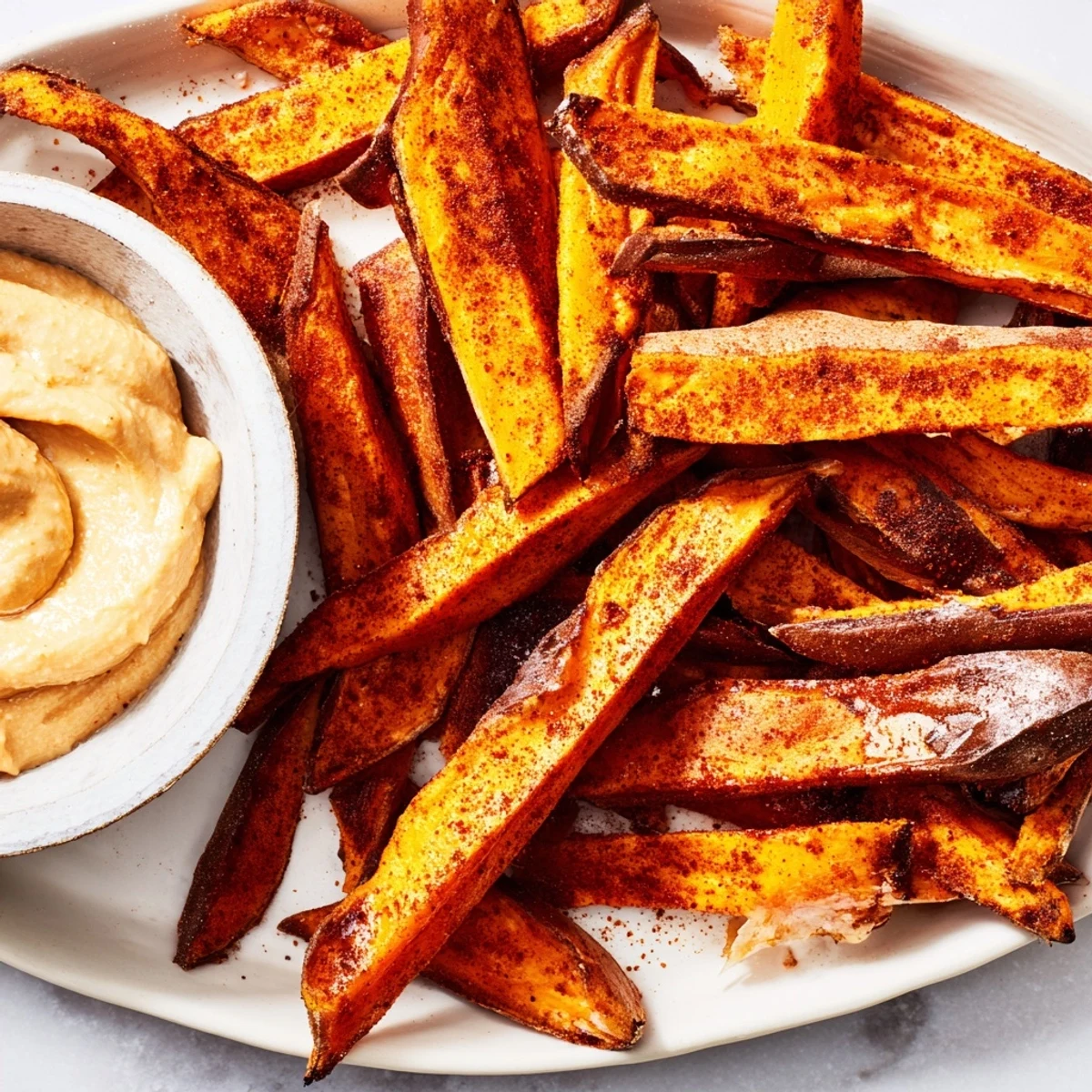 Freshly baked Roasted Sweet Potato Fries with Chipotle Mayo served as a side.