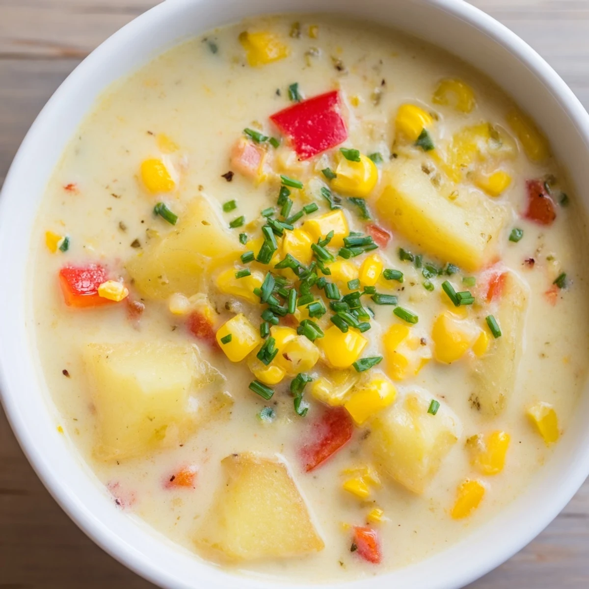 Creamy Corn Chowder with Red Peppers steams in a rustic bowl, garnished with chives for a comforting vegetarian meal.