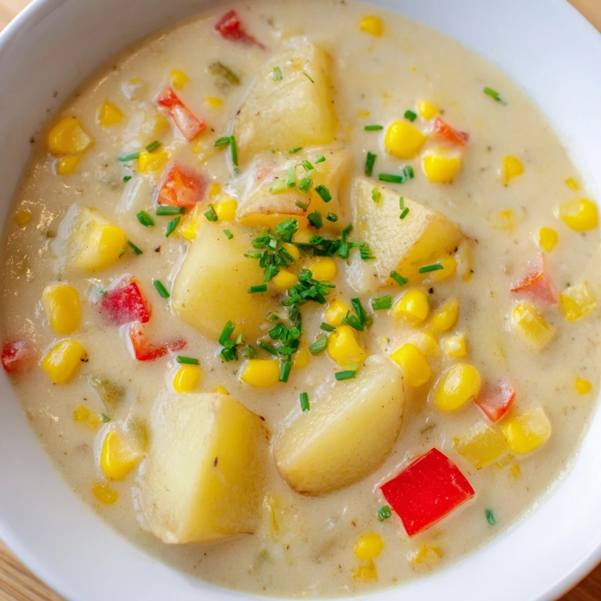 Golden bowl of Creamy Corn Chowder with Red Peppers topped with fresh chives, ideal for an easy autumn dinner.