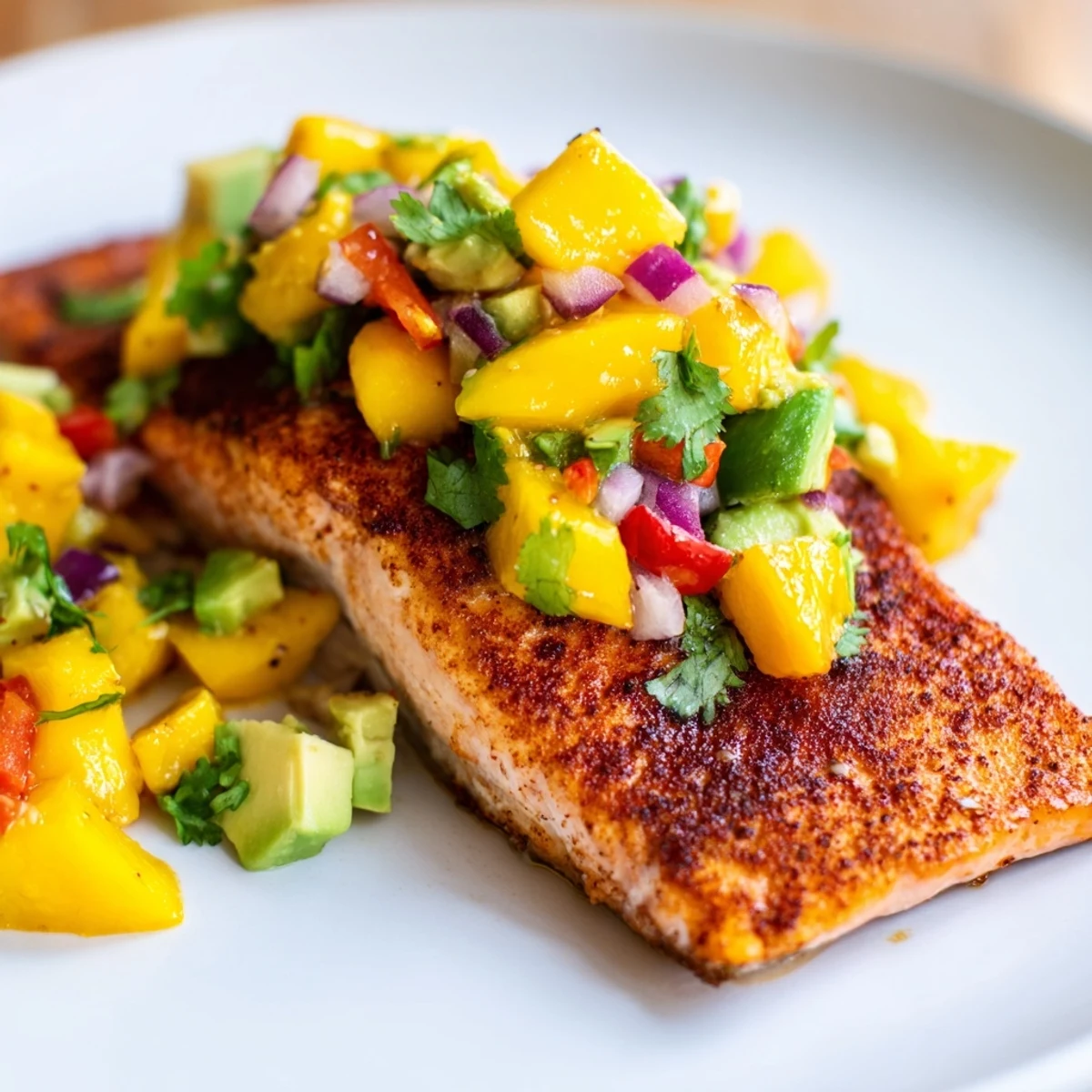 Flaky Baked Salmon with Mango Avocado Salsa on a plate with lime wedges and cilantro.